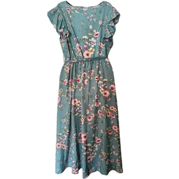 Bloom Chic Dress Sz 14/16 Flutter Sleeve Belted Floral Mint Feminine Cottagecore - Picture 2 of 9